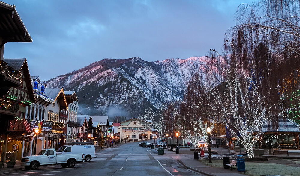 Leavenworth Washington with Christmas lights in the winter